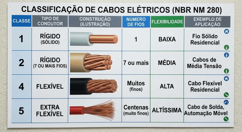 Tabela comparativa de classificação de cabos elétricos (NBR NM 280) detalhando a diferença entre cabo flexível e fio rígido, construção, flexibilidade e aplicação entre as Classes 1, 2, 4 e 5.