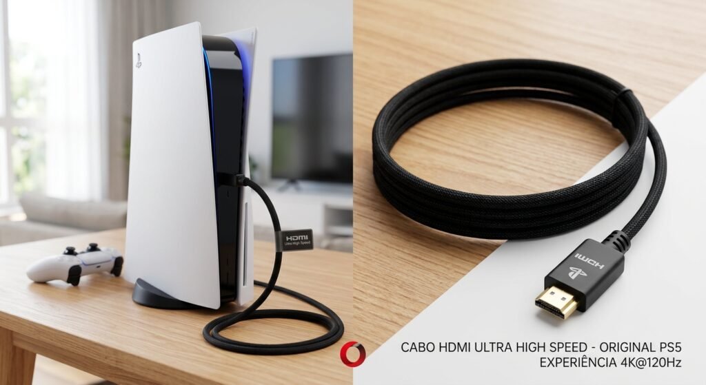 Qual Cabo HDMI Vem no PS5? Imagem de um ps5 e seu cabo hdmi ao lado.