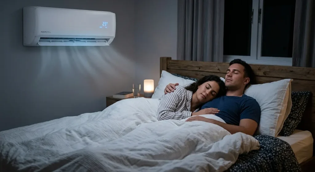 Qual fio usar para ar condicionado? Homem e mulher deitados na cama com o ar condicionado ligado.
