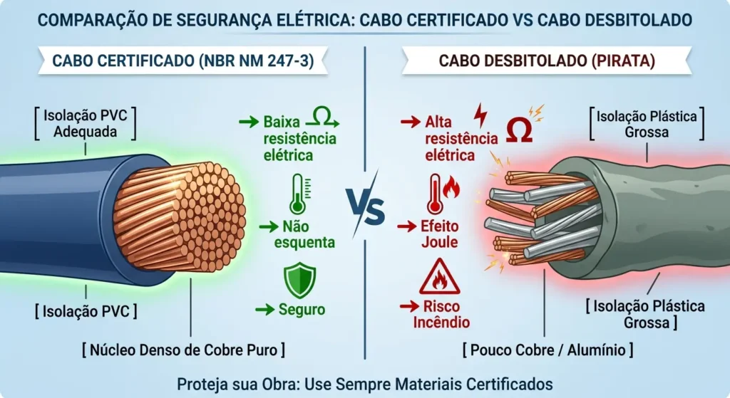 Infográfico comparativo entre um cabo elétrico certificado (NBR NM 247-3) e um cabo desbitolado. Mostra a diferença de qual a melhor marca de cabo flexivel
