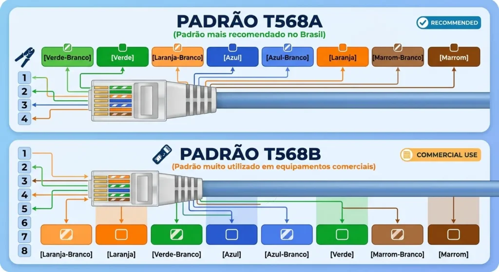 Infográfico comparativo exibindo a ordem das cores para como crimpar cabo de rede RJ45. Mostra o diagrama do padrão T568A, recomendado no Brasil, e o padrão T568B, usado em equipamentos comerciais.