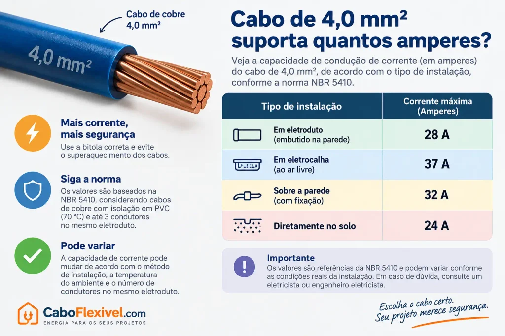 Fio 4mm suporta quantos amperes? Imagem de um cabo flexível de 4mm e uma tabela com as indicações de corrente máxima por tipo de instalação.