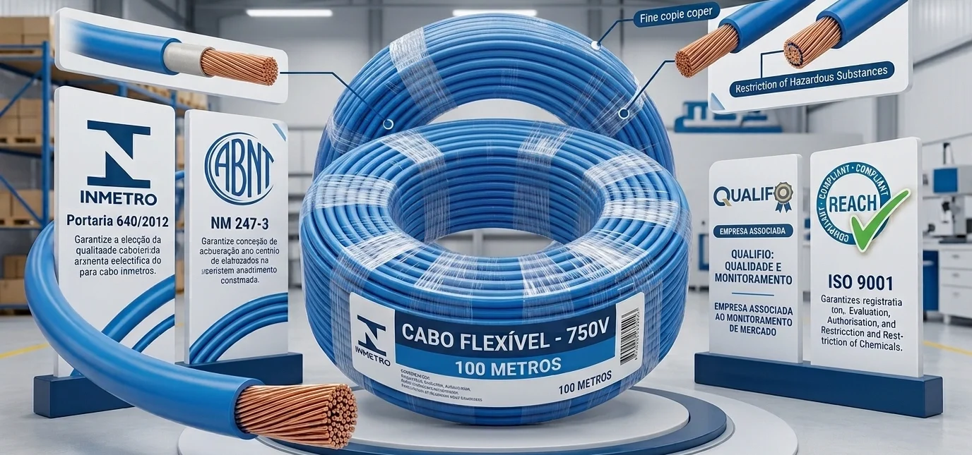 Imagem de um rolo de cabo flexivel e as placas com o certificado do inmetro, qualifio, abnt nm 247-3 e ISO 9001 ilustrando as certificações das melhores marcas de cabo flexivel.