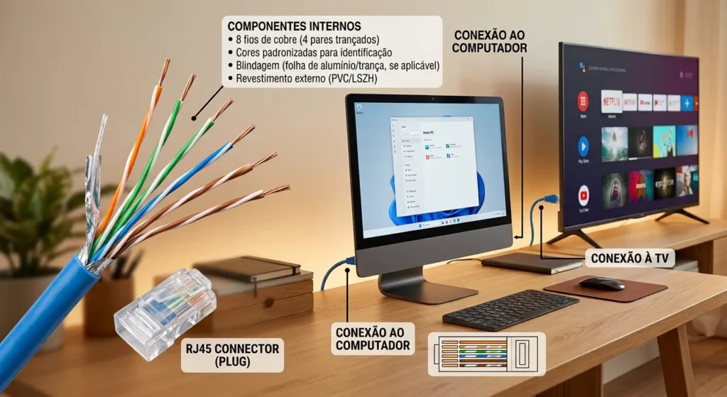 Cabo de rede ligado na tv e no computador