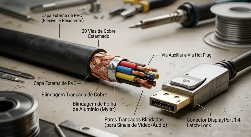O que é cabo displayport? figura mostrando as diversas camadas do cabo displayport e suas extremidade de conexão. 