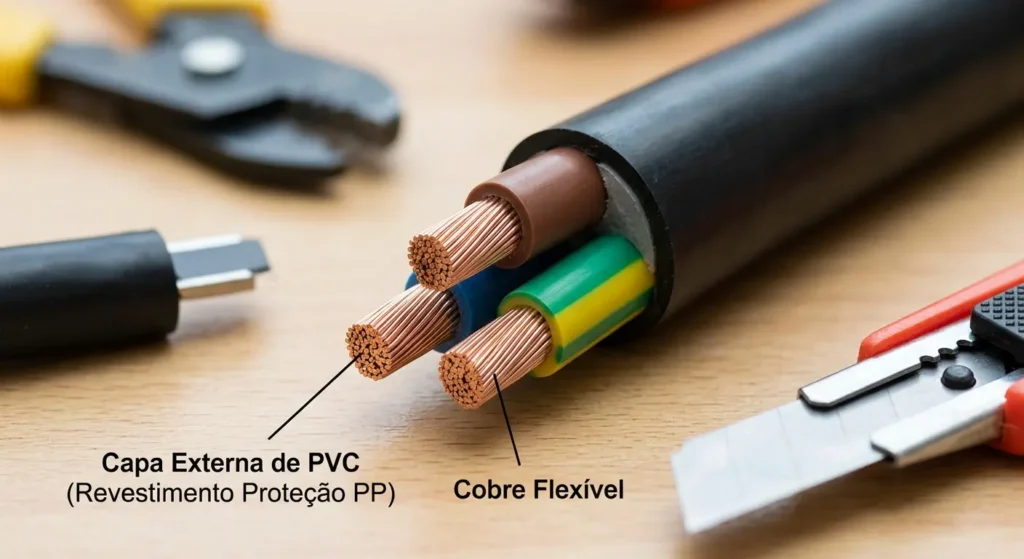 O que é cabo pp? Imagem de uma cabo PP de 3 vias, fase neutro e terra