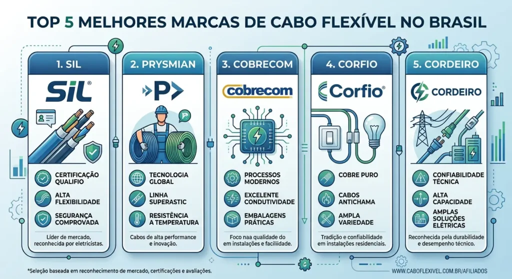 infográfico com o rank e características das marcas Sil, Prysmian, Cobrecom, Corfio e Cordeiro