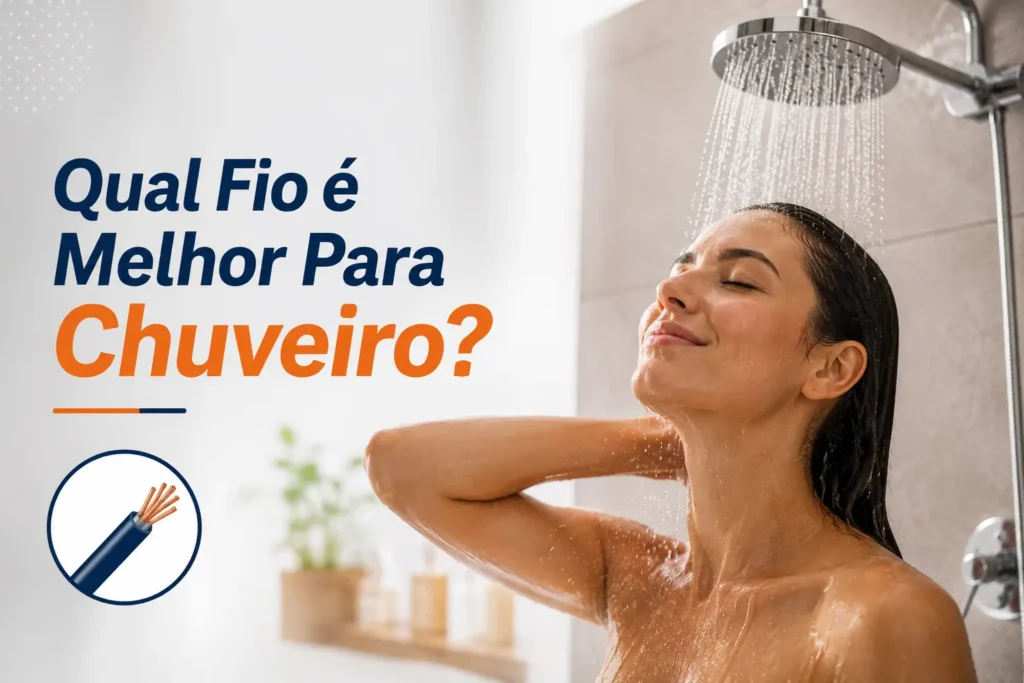 Qual fio é melhor para chuveiro? Uma mulher no chuveiro mostrando do ombro para cima.